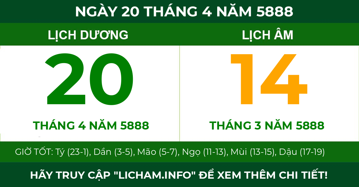lịch âm ngày 20 tháng 4 năm 5888