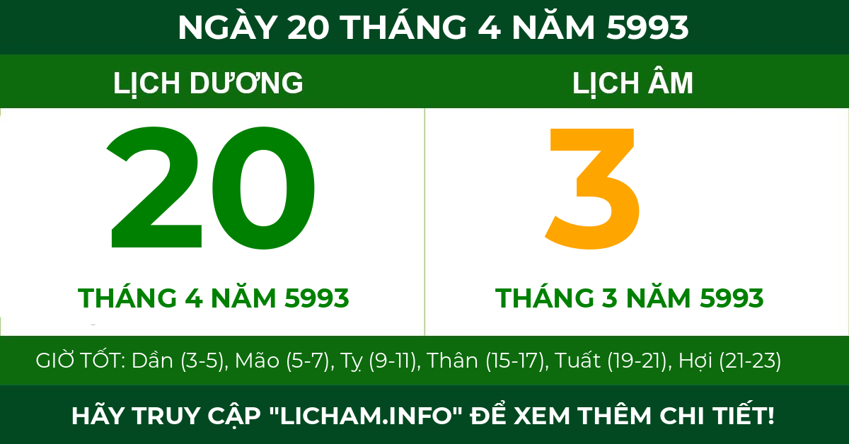 lịch âm ngày 20 tháng 4 năm 5993