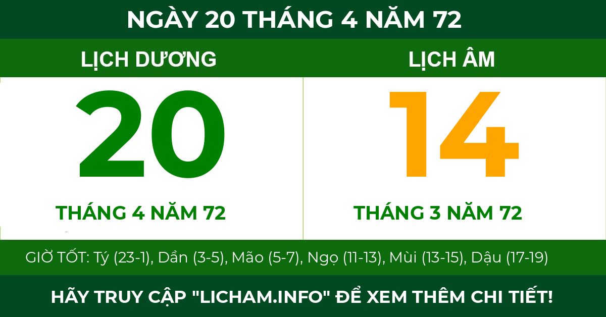 lịch âm ngày 20 tháng 4 năm 72