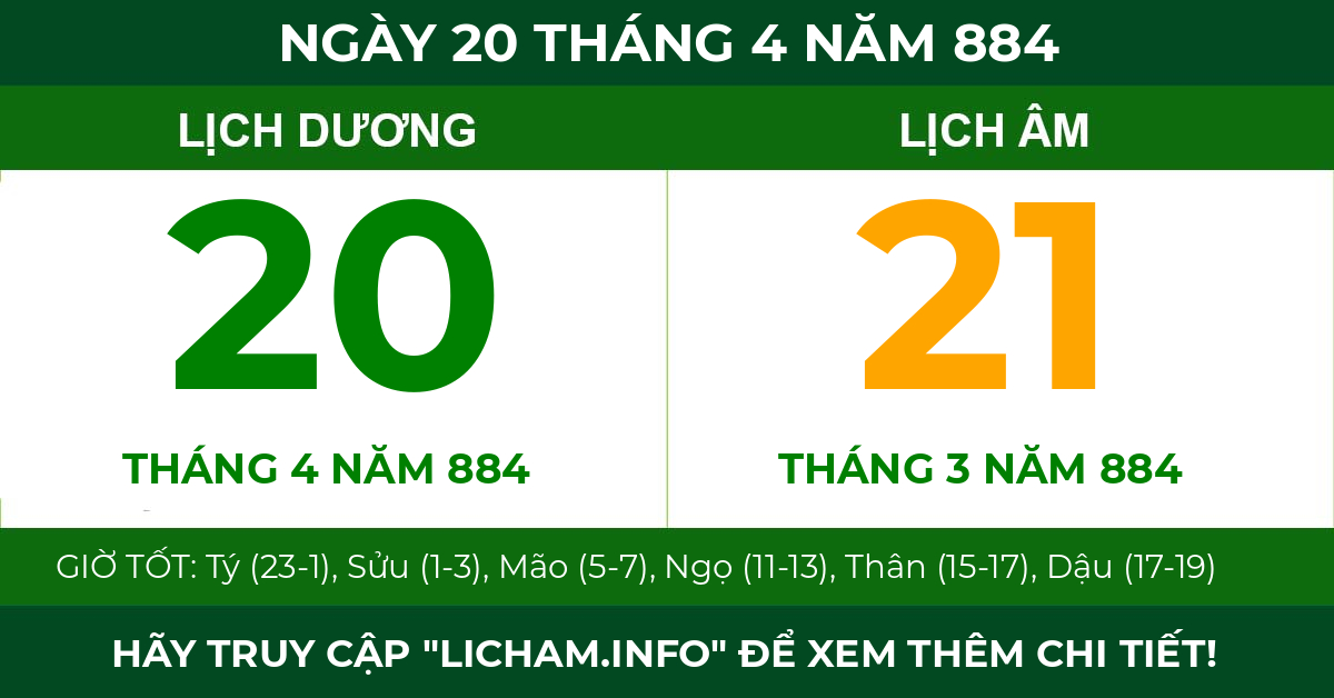 lịch âm ngày 20 tháng 4 năm 884