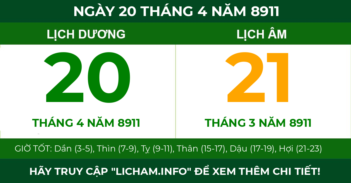 lịch âm ngày 20 tháng 4 năm 8911