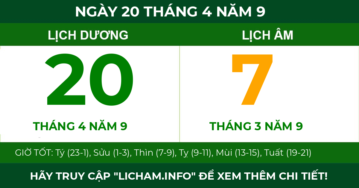 lịch âm ngày 20 tháng 4 năm 9
