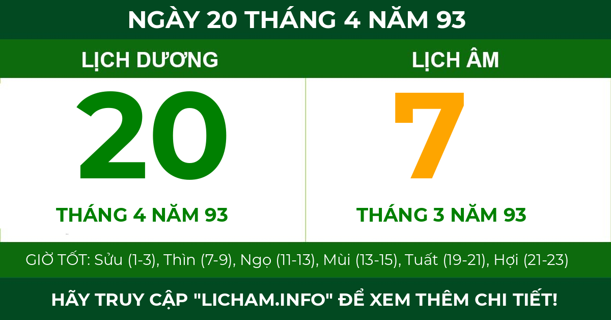 lịch âm ngày 20 tháng 4 năm 93