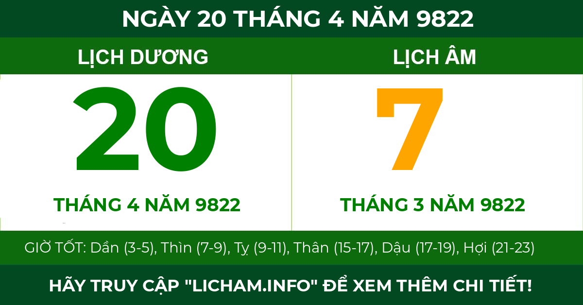 lịch âm ngày 20 tháng 4 năm 9822