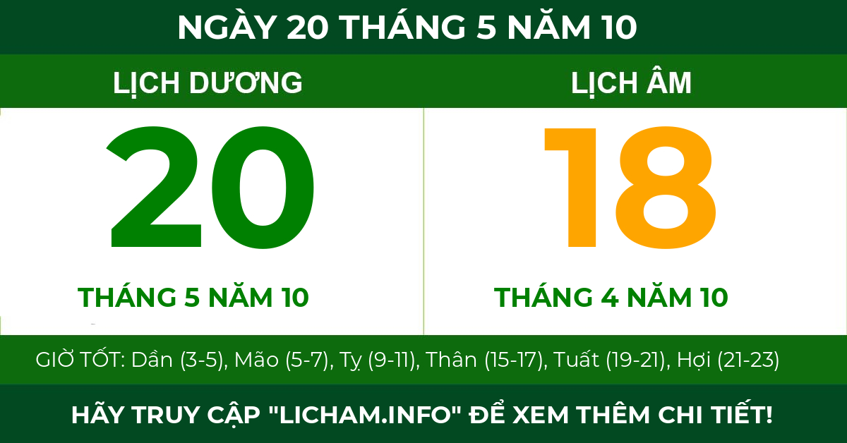 lịch âm ngày 20 tháng 5 năm 10