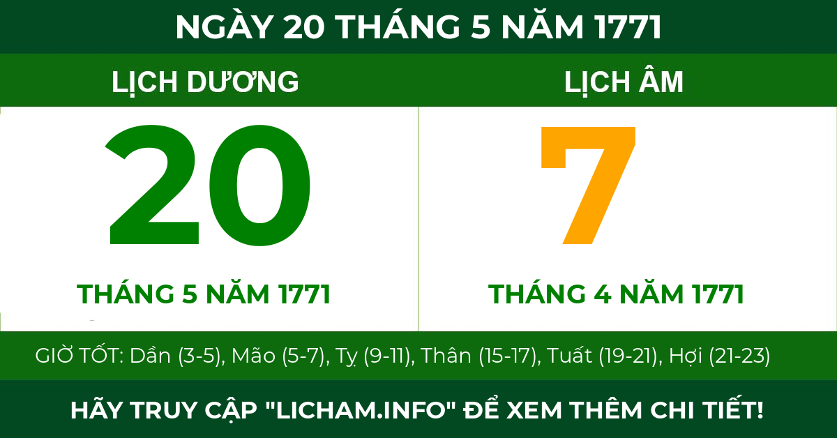 lịch âm ngày 20 tháng 5 năm 1771