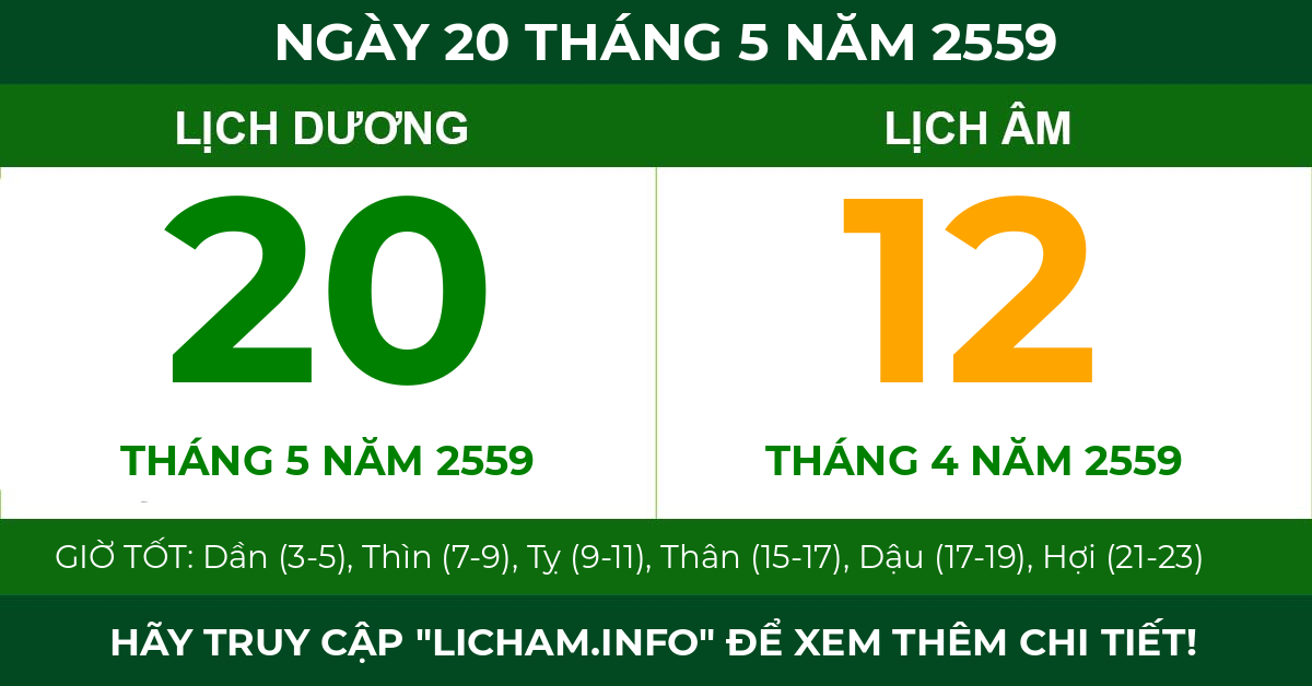 lịch âm ngày 20 tháng 5 năm 2559