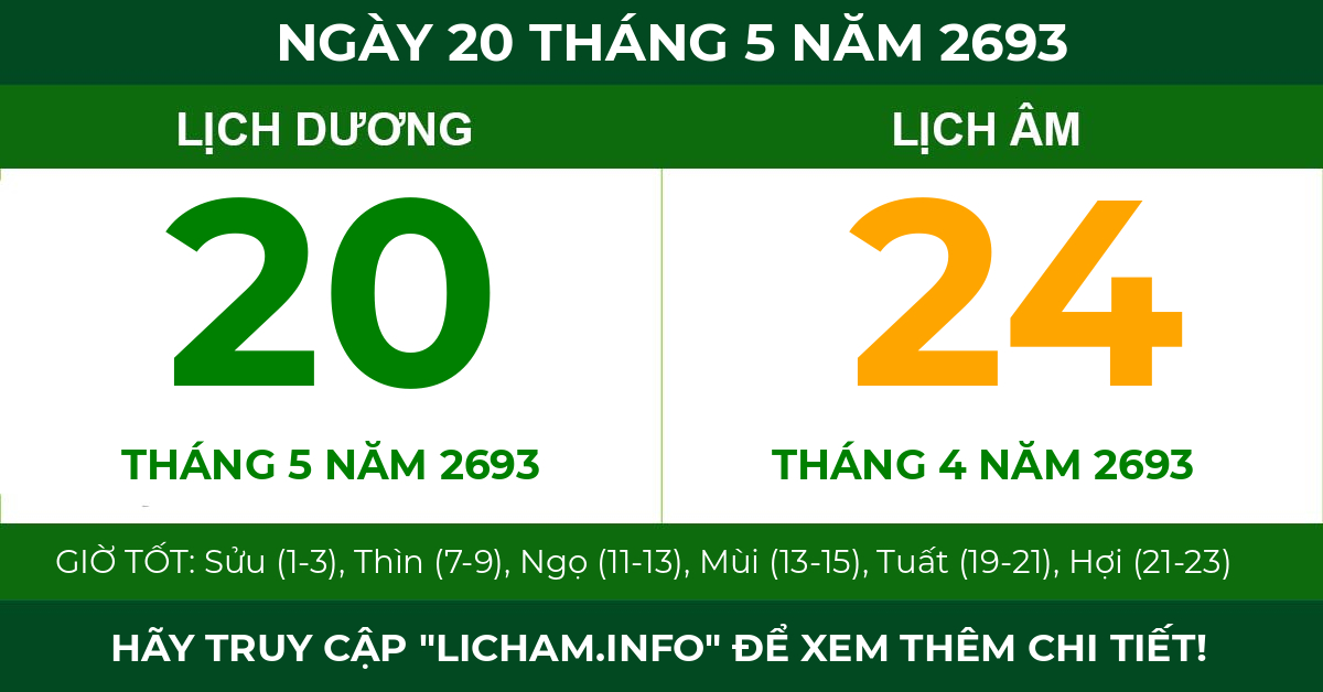 lịch âm ngày 20 tháng 5 năm 2693