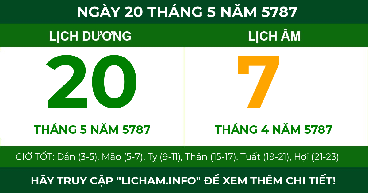 lịch âm ngày 20 tháng 5 năm 5787