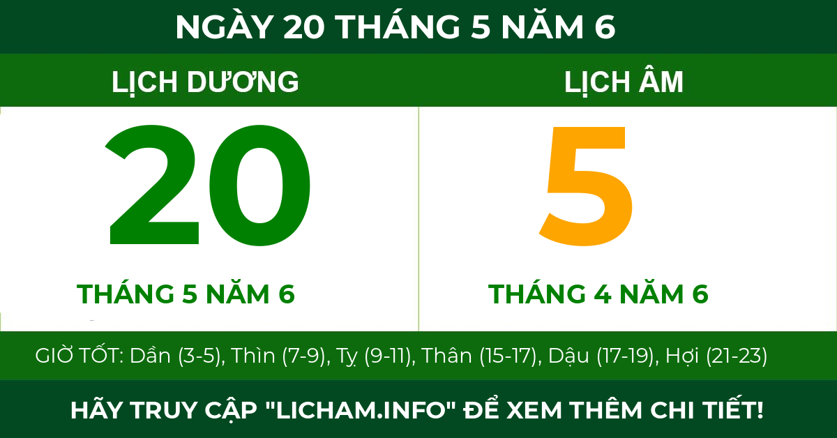lịch âm ngày 20 tháng 5 năm 6