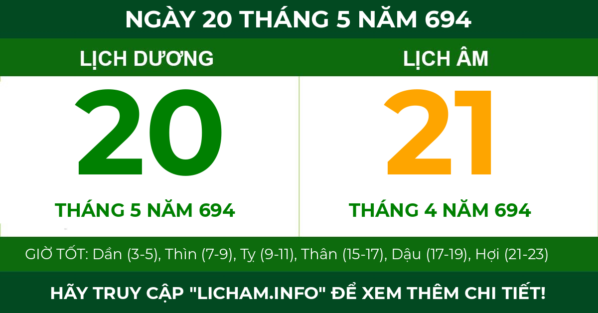 lịch âm ngày 20 tháng 5 năm 694