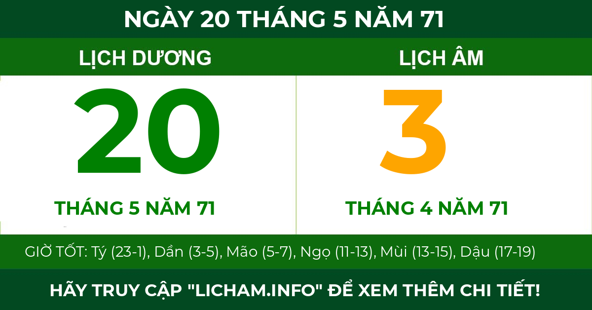 lịch âm ngày 20 tháng 5 năm 71