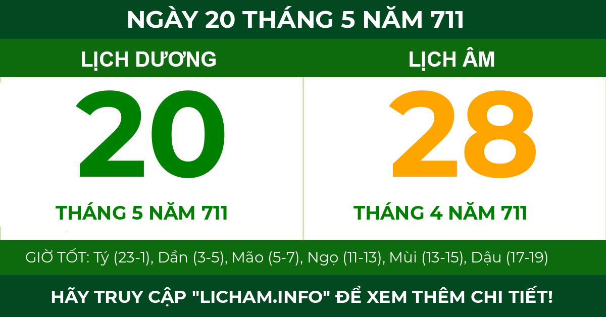 lịch âm ngày 20 tháng 5 năm 711
