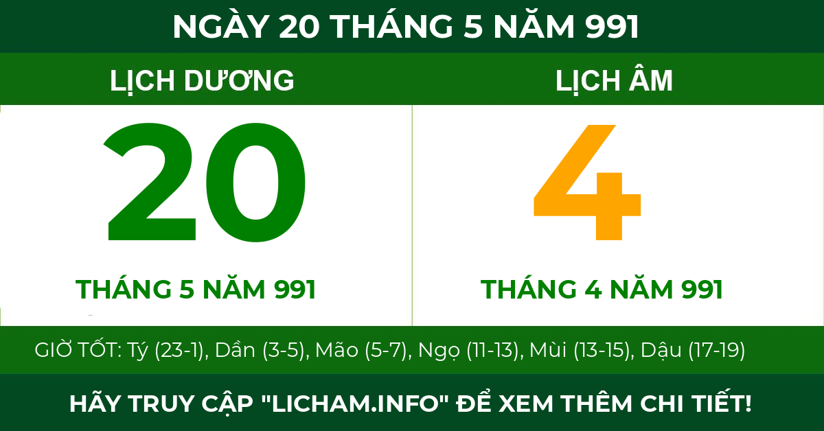 lịch âm ngày 20 tháng 5 năm 991