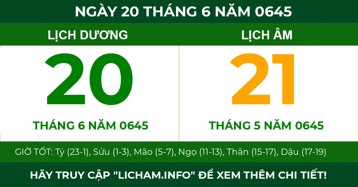 lịch âm ngày 20 tháng 6 năm 0645