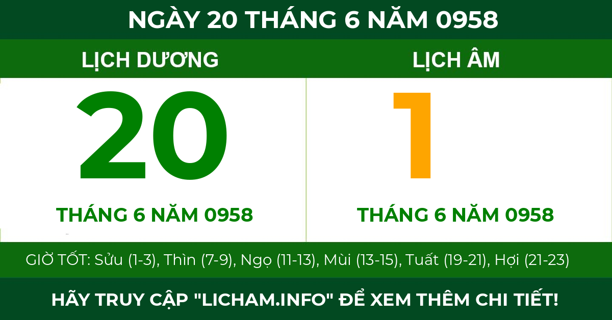 lịch âm ngày 20 tháng 6 năm 0958