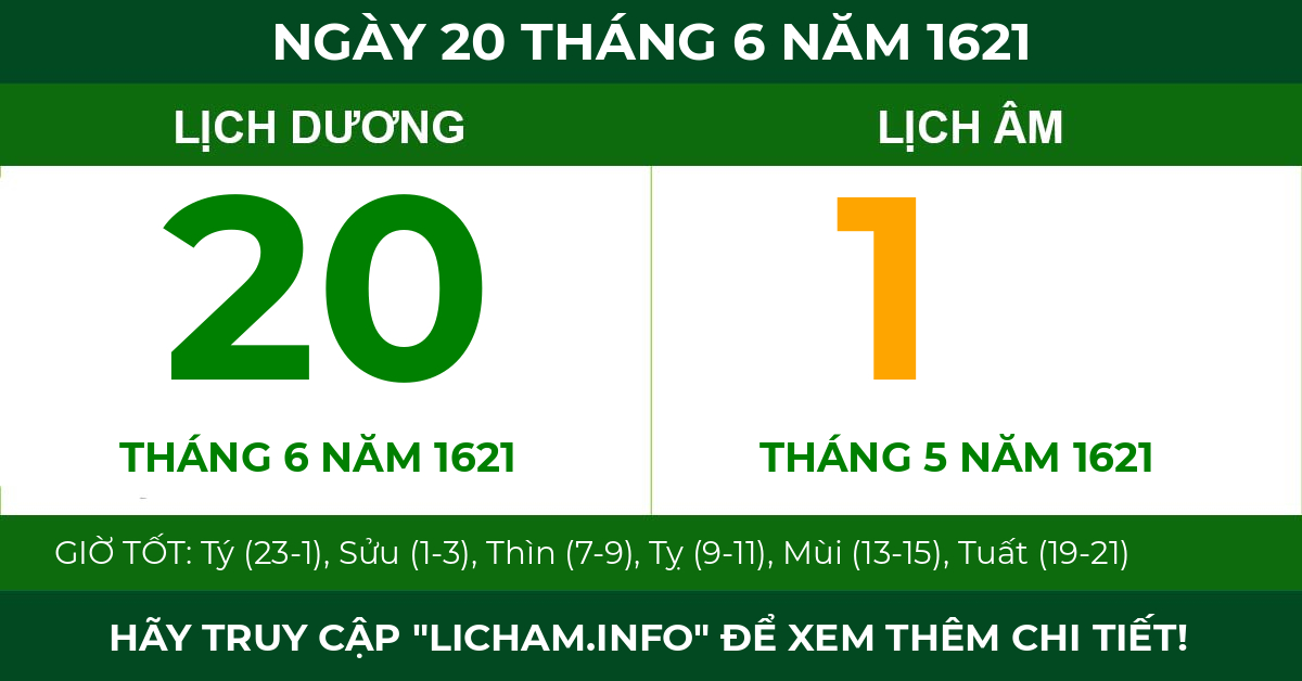 lịch âm ngày 20 tháng 6 năm 1621