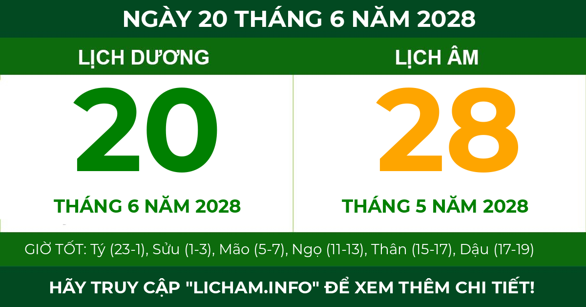 lịch âm ngày 20 tháng 6 năm 2028