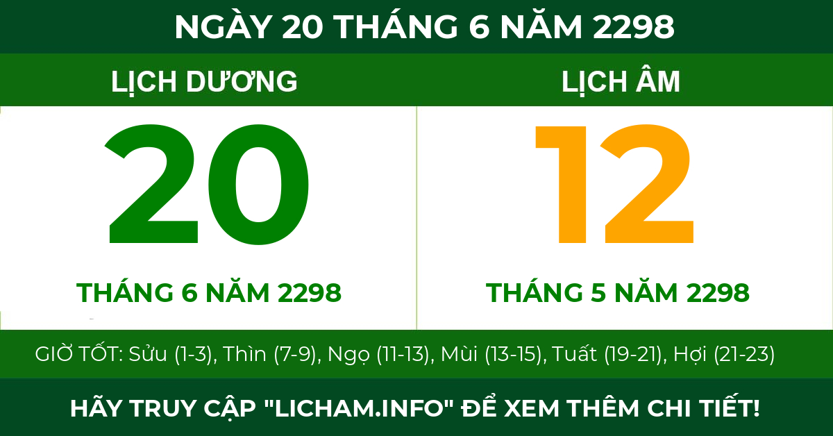 lịch âm ngày 20 tháng 6 năm 2298