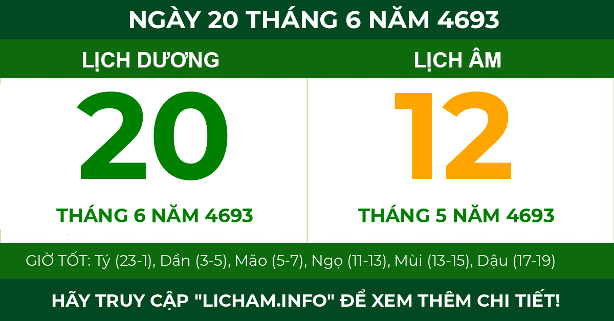 lịch âm ngày 20 tháng 6 năm 4693