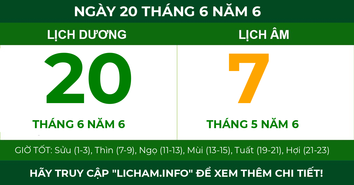 lịch âm ngày 20 tháng 6 năm 6