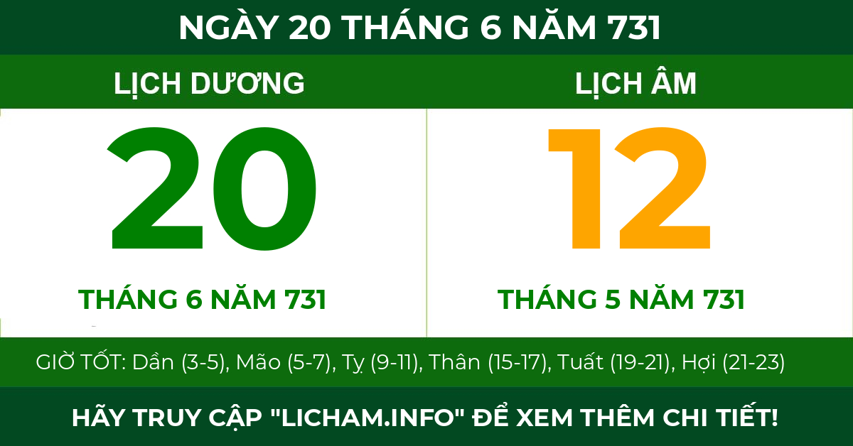 lịch âm ngày 20 tháng 6 năm 731