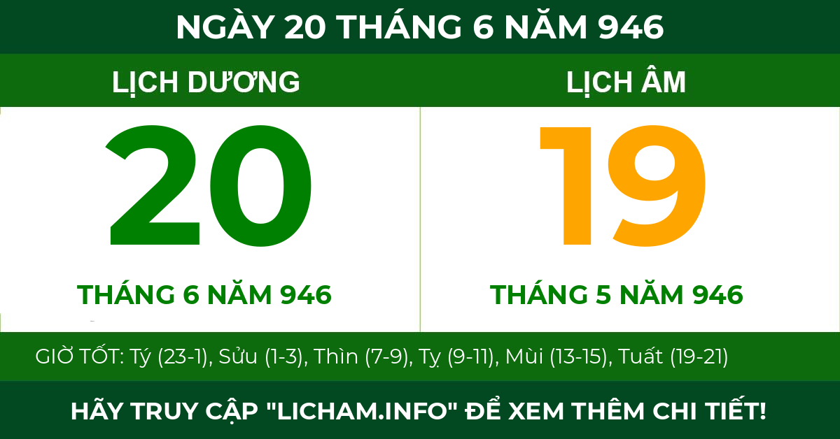 lịch âm ngày 20 tháng 6 năm 946