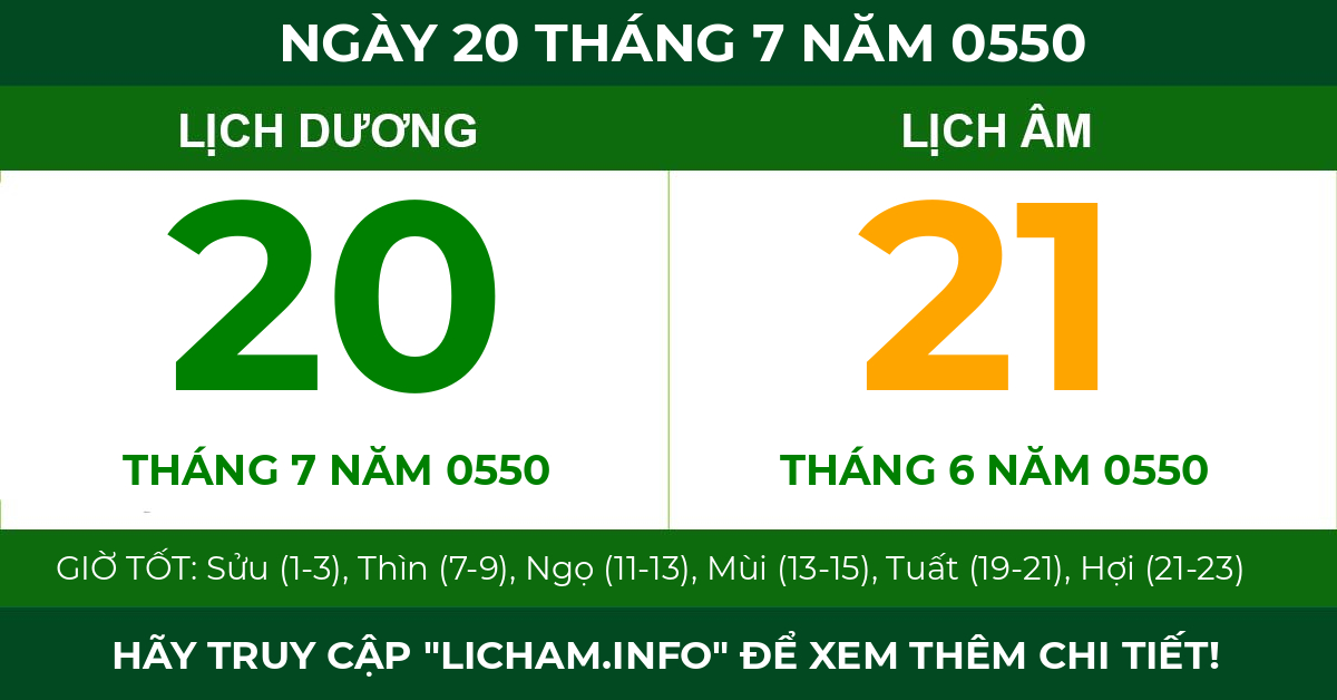 lịch âm ngày 20 tháng 7 năm 0550