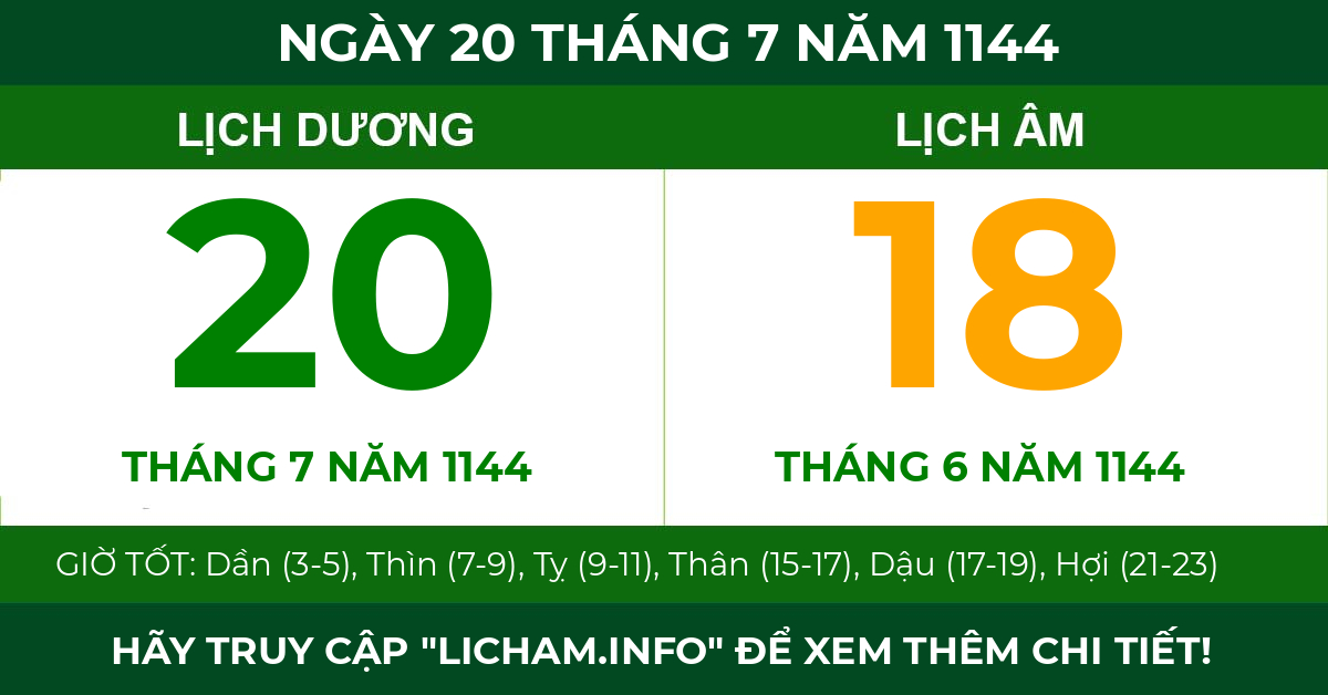 lịch âm ngày 20 tháng 7 năm 1144