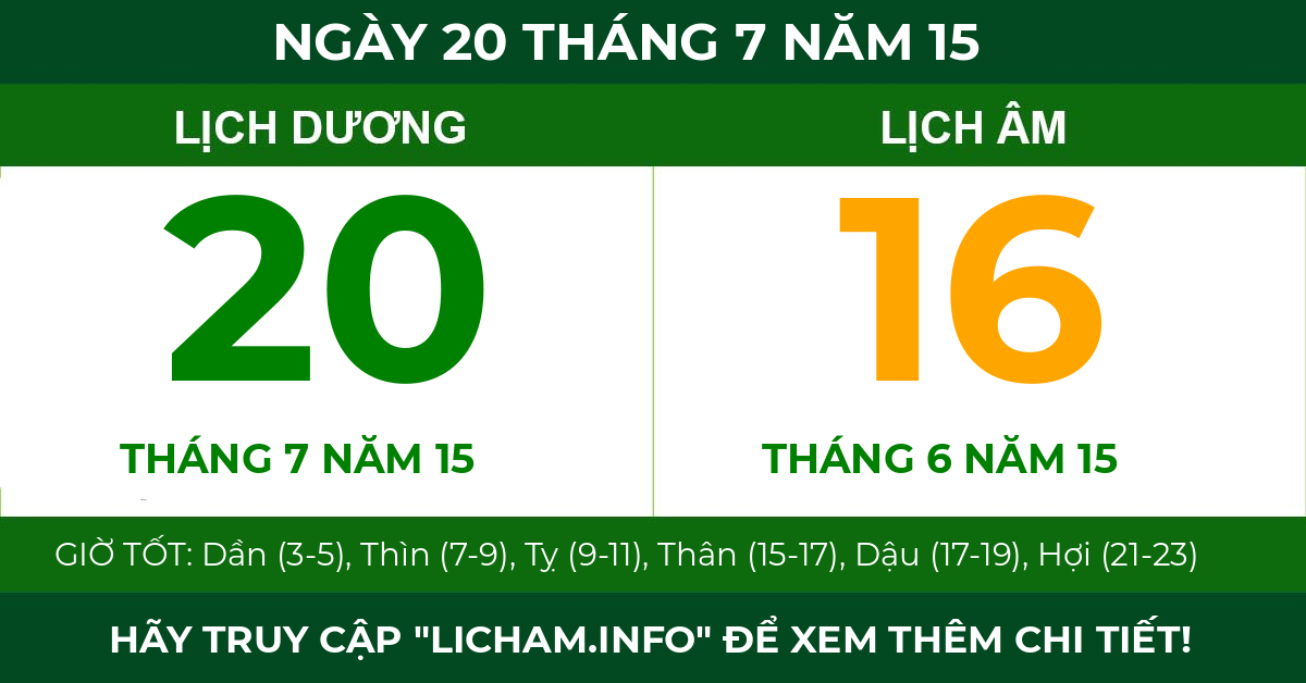 lịch âm ngày 20 tháng 7 năm 15