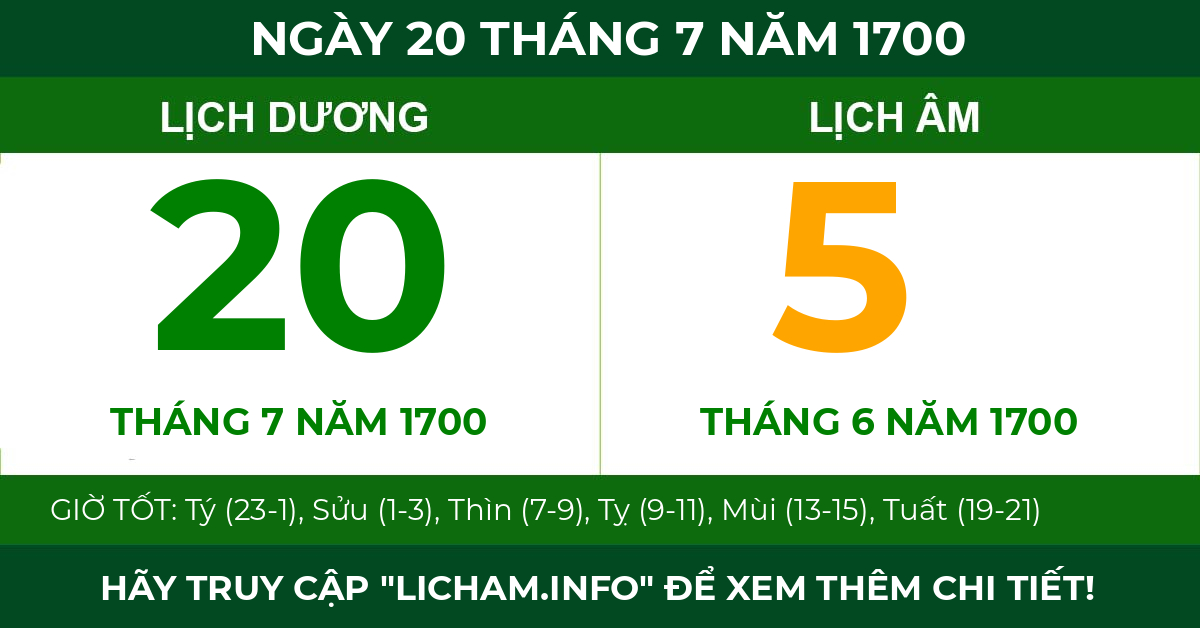 lịch âm ngày 20 tháng 7 năm 1700