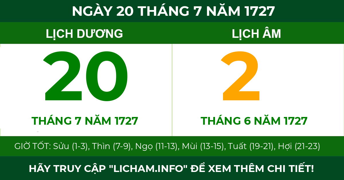 lịch âm ngày 20 tháng 7 năm 1727