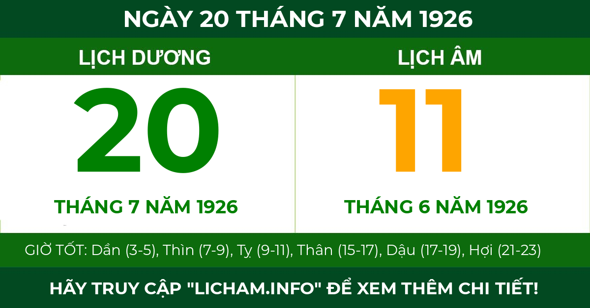 lịch âm ngày 20 tháng 7 năm 1926