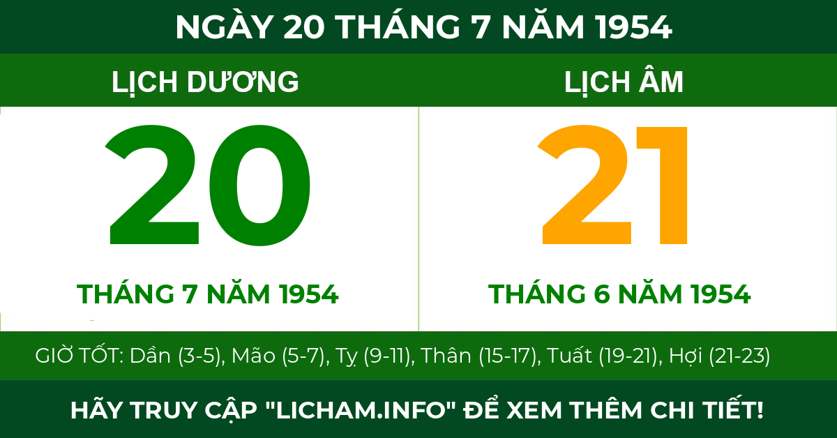 lịch âm ngày 20 tháng 7 năm 1954