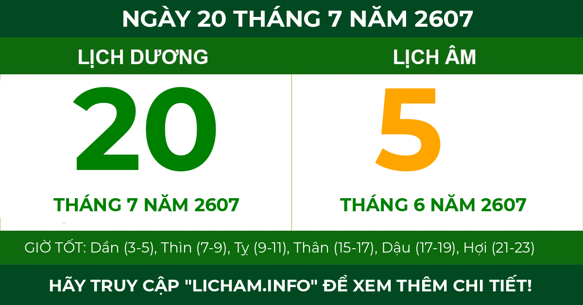 lịch âm ngày 20 tháng 7 năm 2607
