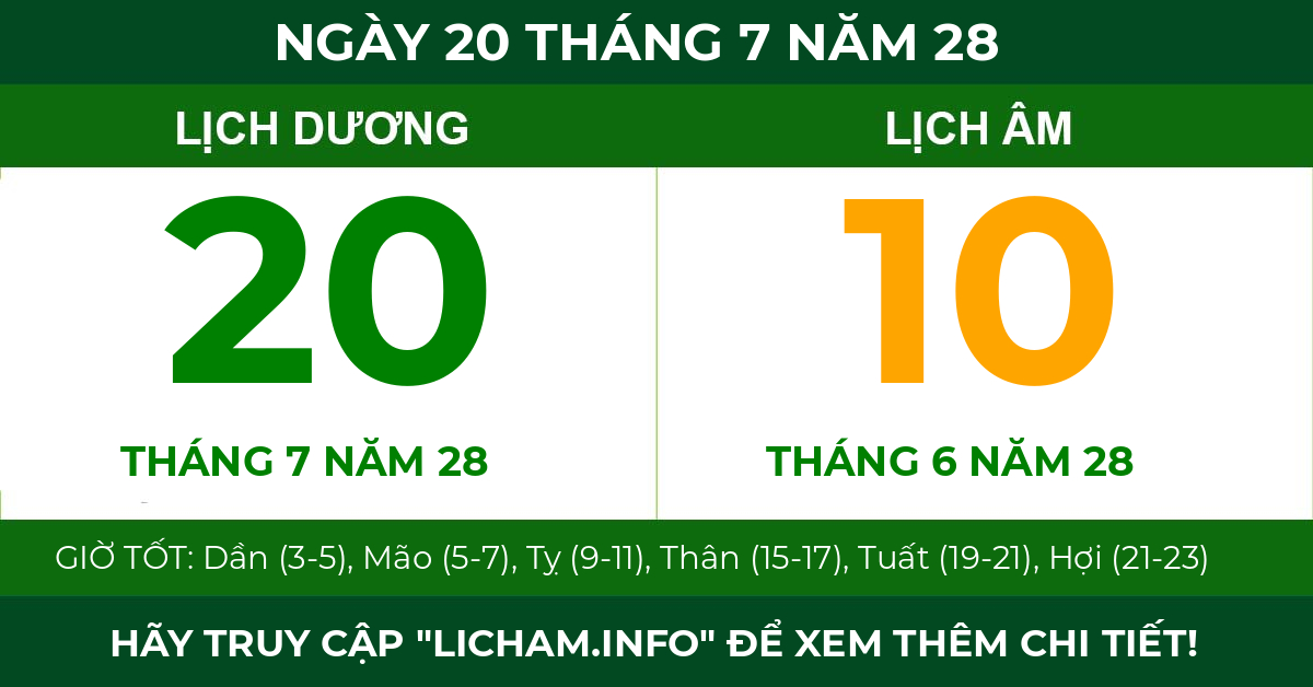 lịch âm ngày 20 tháng 7 năm 28