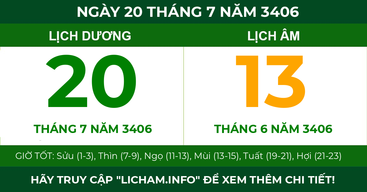lịch âm ngày 20 tháng 7 năm 3406