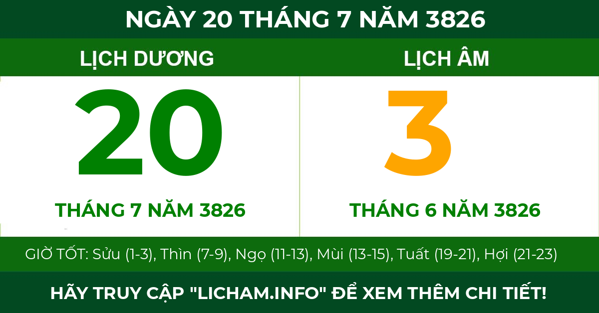lịch âm ngày 20 tháng 7 năm 3826