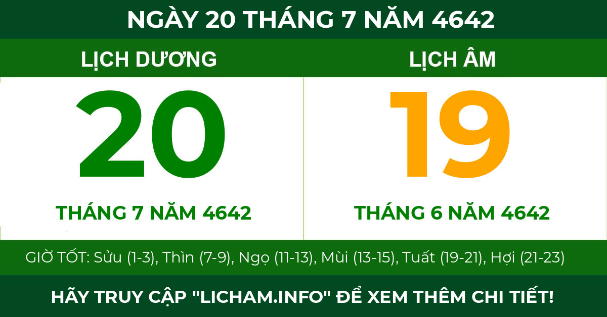 lịch âm ngày 20 tháng 7 năm 4642