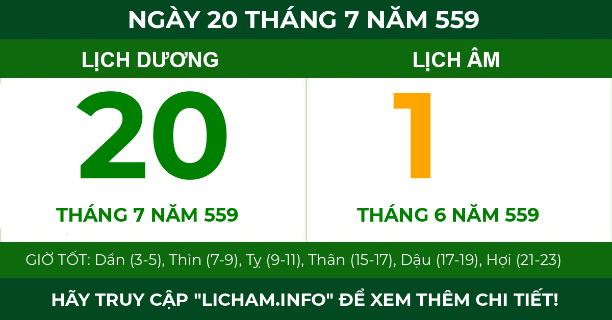 lịch âm ngày 20 tháng 7 năm 559