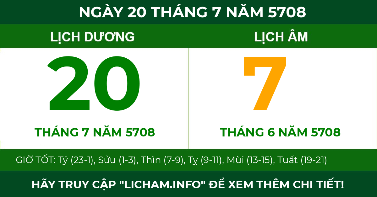 lịch âm ngày 20 tháng 7 năm 5708