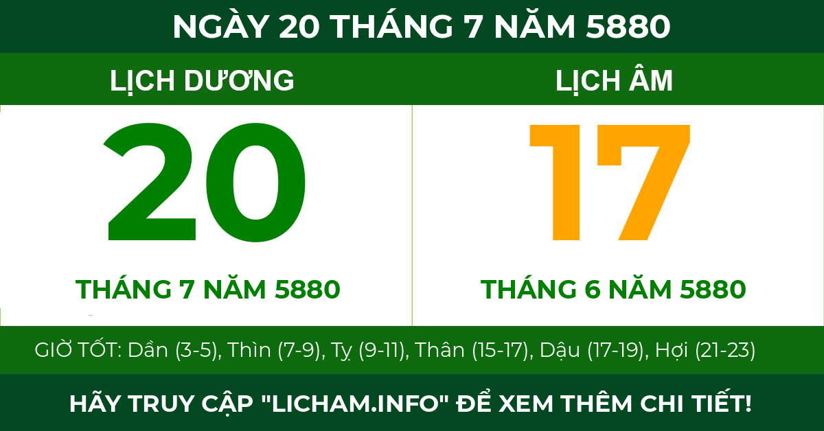 lịch âm ngày 20 tháng 7 năm 5880