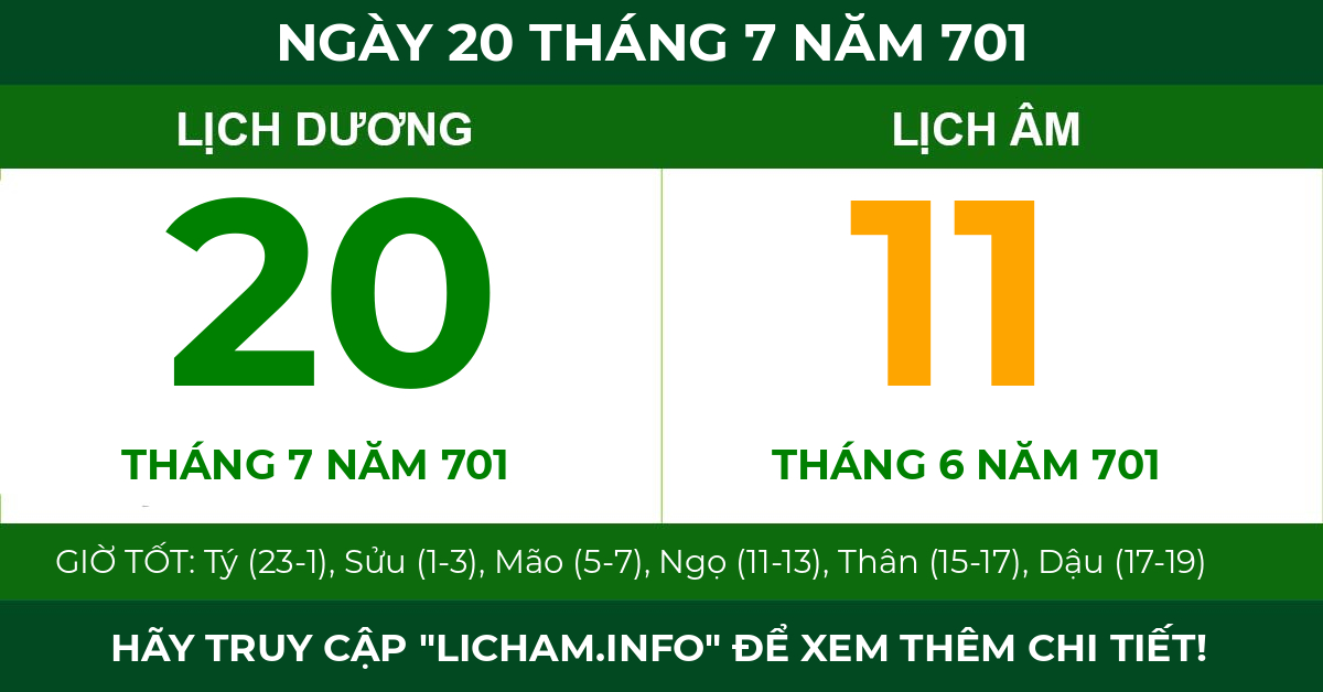 lịch âm ngày 20 tháng 7 năm 701