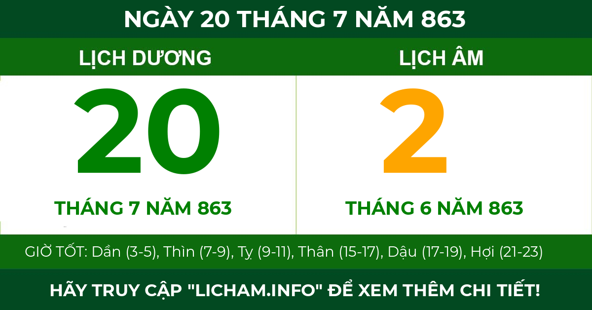 lịch âm ngày 20 tháng 7 năm 863