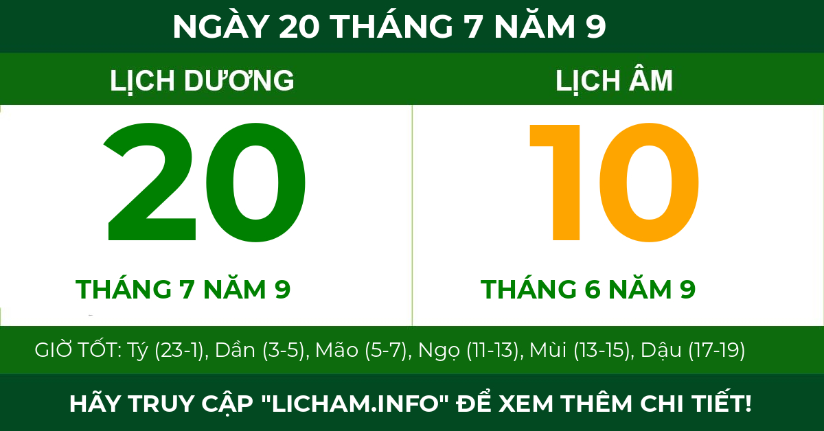 lịch âm ngày 20 tháng 7 năm 9