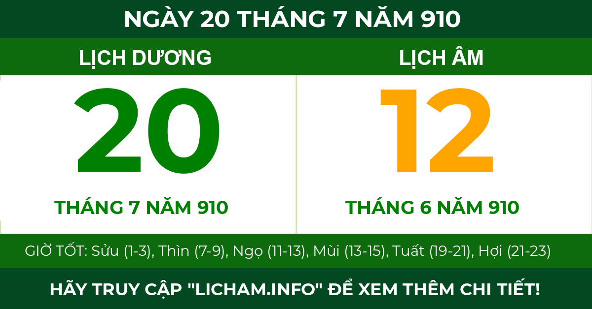 lịch âm ngày 20 tháng 7 năm 910