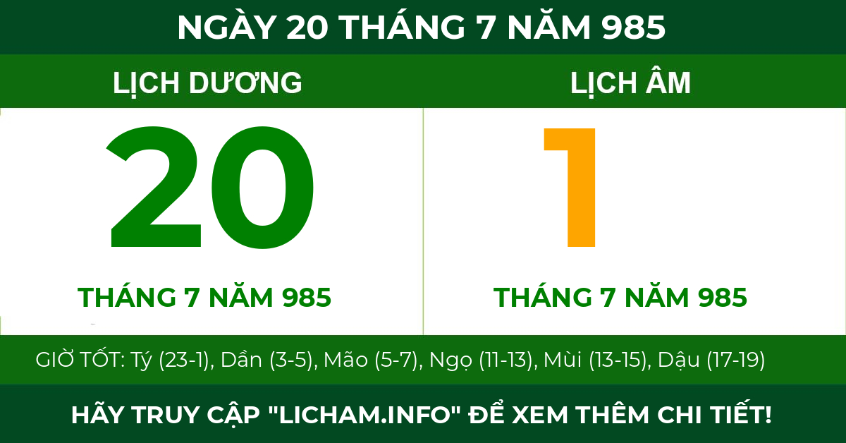 lịch âm ngày 20 tháng 7 năm 985