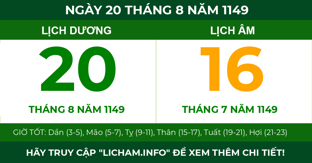 lịch âm ngày 20 tháng 8 năm 1149