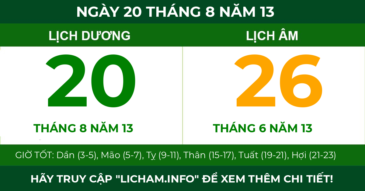 lịch âm ngày 20 tháng 8 năm 13