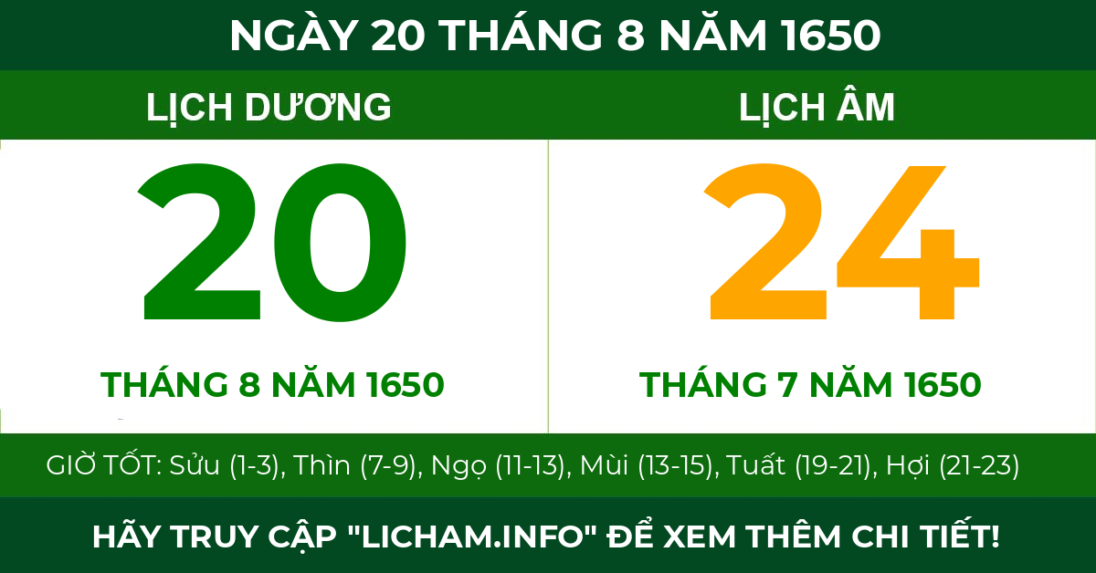 lịch âm ngày 20 tháng 8 năm 1650